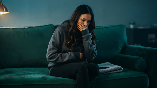 Young woman sitting on green velvet sofa at home covering mouth with hand and holding stomach feeling nauseous and unwell in dimly lit living room with warm lamp at night