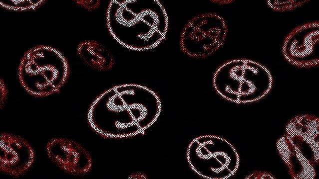 Red and white digital dollar symbols falling in dark space with pixelated distortion effect creating glitch art style visual representating economic instability and financial data volatility.