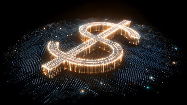 Digital dollar sign with glowing circuits on dark background representing electronic finance, cryptocurrency, and modern monetary systems.