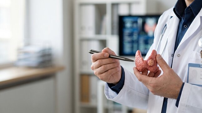 Doctor endocrinologist holding and pointing with pen at anatomical thyroid gland model with nodule during medical consultation in hospital clinic