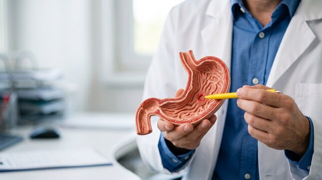 Doctor in white coat holding anatomical stomach model and pointing at gastric ulcer during medical consultation in clinic office