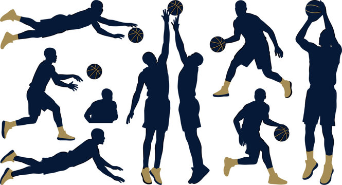  Dynamic Basketball Player Silhouette Collection Featuring Diving Saves, Jump Shots, Defensive Blocks, Dribbling and Shooting Poses with Gold Accents
