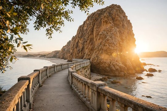 Scenic concrete walkway along a rocky cliffside by the ocean at sunset