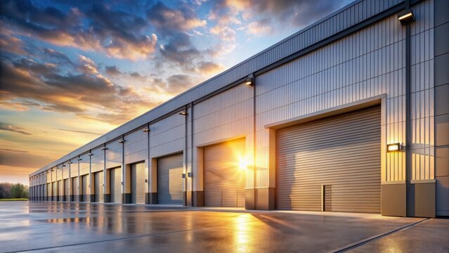 Modern industrial warehouse with large rolling doors at sunset