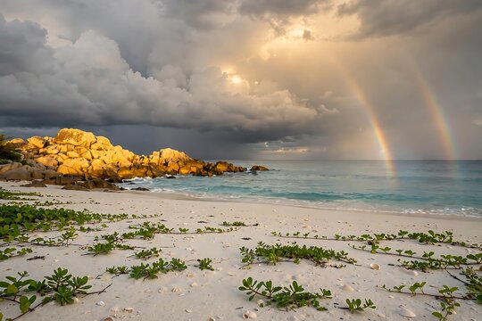 Stunning double rainbow over a tropical beach with golden rocks and white sand