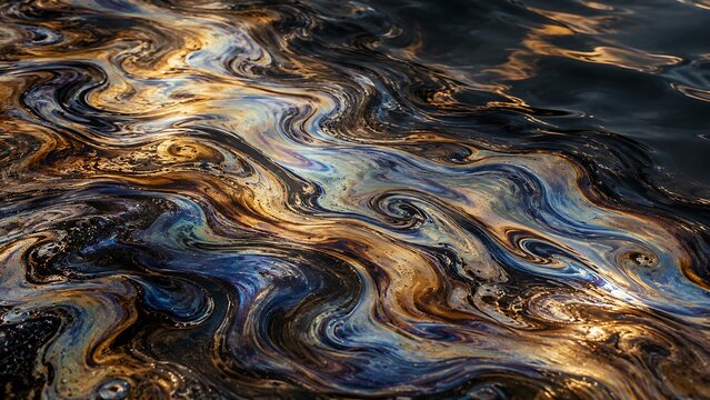 Golden and blue iridescent crude oil slick floating on dark water ripples representing industrial marine contamination