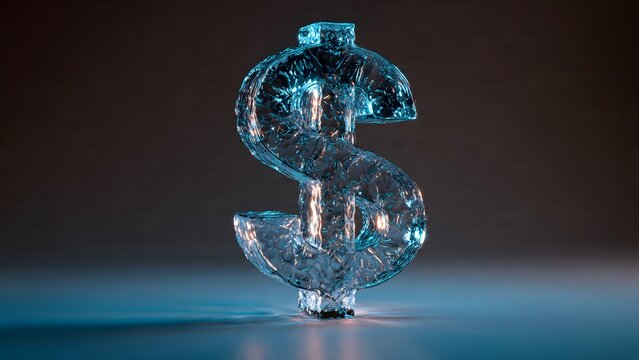 Liquid water dollar sign sculpture splashing with light reflections creating dynamic fluid motion effect against dark moody atmosphere highlighting purity freshness and natural currency flow.