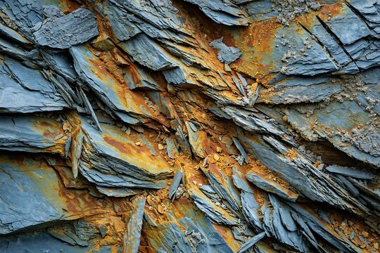 Closeup of fractured grey slate rock layers with orange iron oxide staining and mineral deposits