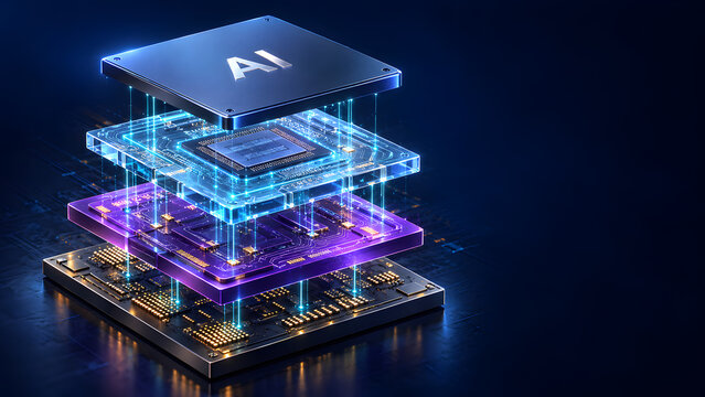 Future tech stack pulses with AI innovation. Layered circuits glow with violet and blue light. Advanced processing powers next-gen artificial intelligence. Dark backdrop emphasizes high-tech