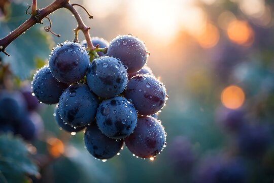 Fresh ripe purple grapes with water droplets hanging on a vine in a vineyard at sunset