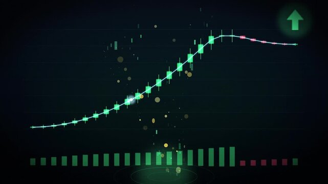Green growth chart with upward arrow and data points during digital analysis on dark background