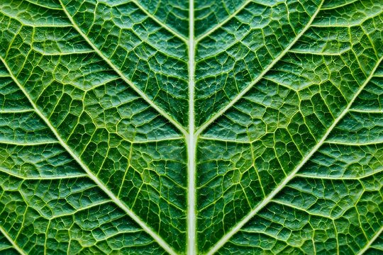 Closeup macro shot of a vibrant green leaf showing intricate vein patterns and natural texture
