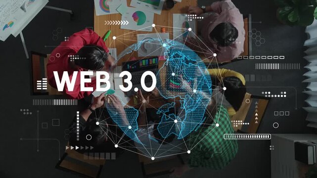 Diverse Group Collaborating on Web 3.0 Strategy in Modern Workspace with Data Visualization and Digital Connections. Entropy.
