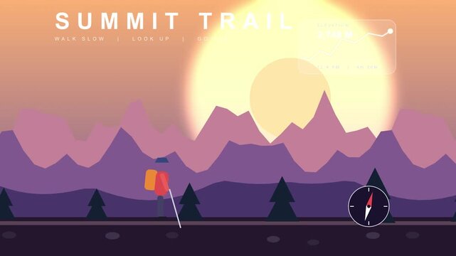 Man hiking on mountain path with sun setting behind peaks and pine trees