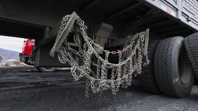 Heavy-duty tire chains hang loosely from a truck's undercarriage over worn rear dual tires, with a red truck and distant mountains visible in the background.