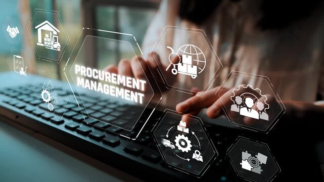 Business professional engaged in procurement management with digital interface icons illustrating supply chain and resource acquisition processes Sigmoid