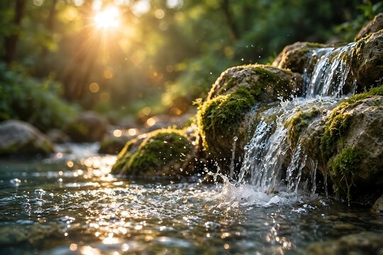 Sunlight filtering through trees over a mossy waterfall cascading into a sparkling forest stream