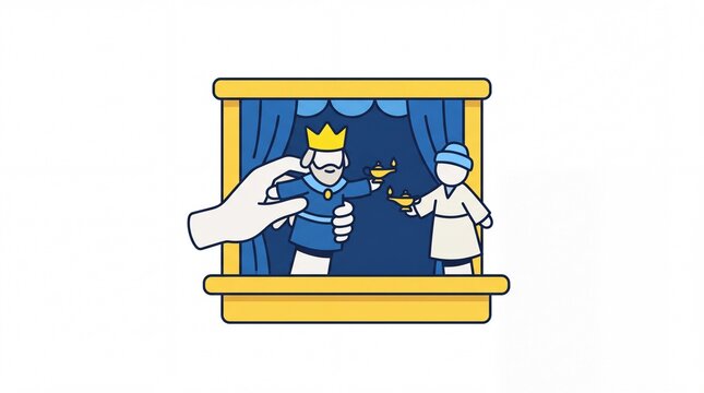 Hanukkah story puppet theater with king and lamps flat vektor