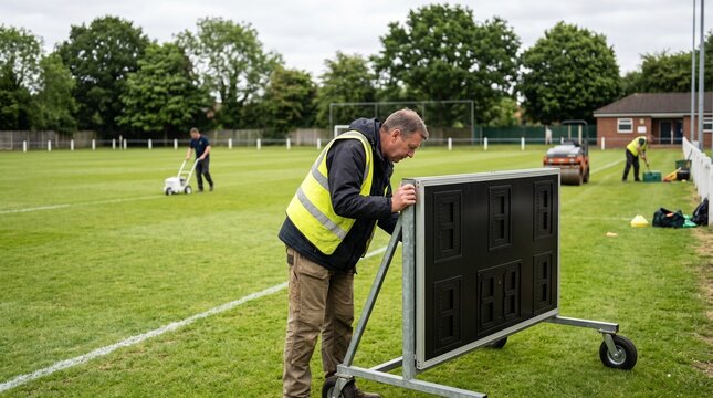Groundskeepers prepare a sports field with a scoreboard and roller in the background