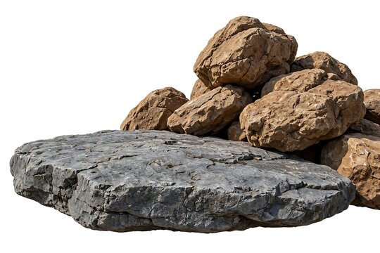 Large flat grey stone slab in front of a pile of textured brown rocks isolated on white background