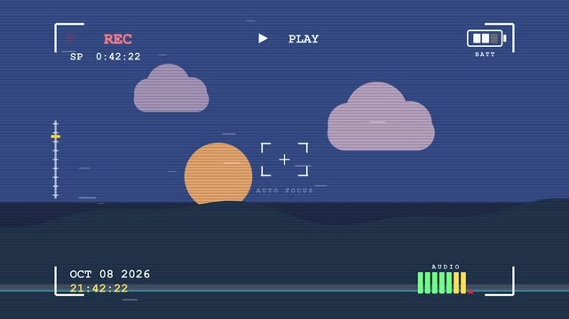Retro sunset animation with clouds in a vintage video player frame