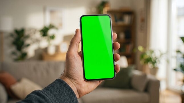 Man Holding Smartphone with Green Screen Mockup in Home Living Room