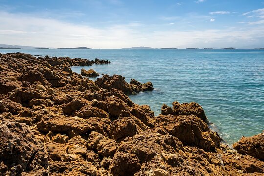 Rocky coastline with brown volcanic rocks and calm blue ocean water under a bright sunny sky