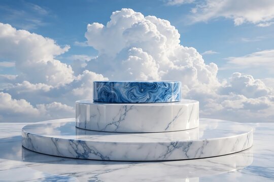 Threetiered marble podium display stand against a blue sky with fluffy white clouds