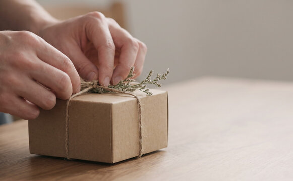 Woman tying twine around a rustic gift box with dried flowers on a wooden table for eco-friendly packaging