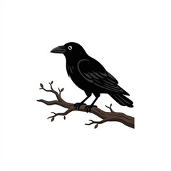 Fototapeta premium Black raven crow bird silhouette perched on bare twig tree branch isolated on white background