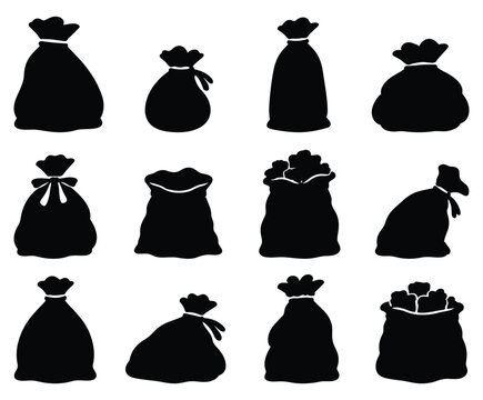 anta Claus Gift Sack Silhouette Collection with Filled Christmas Present Bags and Tied Santa Sacks Black Vector Set