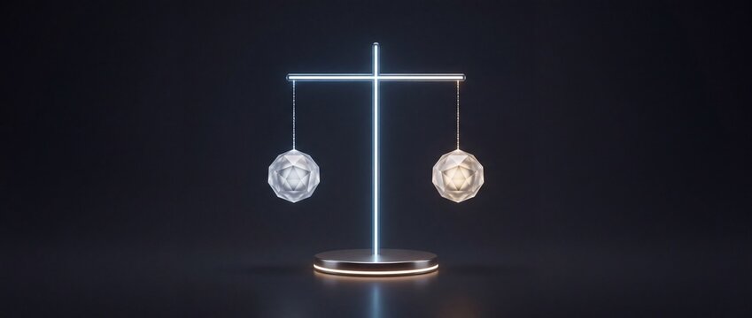 Abstract scales of justice icon with illuminated glow, comparing two symmetrical circular objects on a dark futuristic background