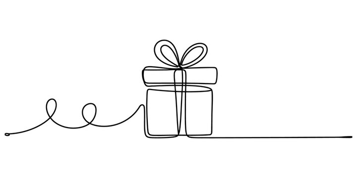 Continuous single line drawing of a gift box with a bow isolated on transparent background