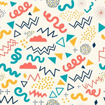 Colorful memphis style geometric pattern with squiggles and shapes