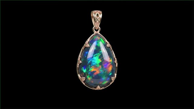 A luxurious pear-cut black opal pendant with vibrant iridescent fire colors framed in vintage gold over a pitch black background. Excellent for luxury jewelry commercials, high-end retail ads, dark ae