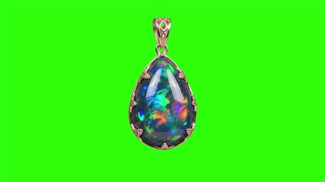 : A luxurious pear-cut black opal pendant with iridescent fire reflections set in a vintage gold frame isolated on a studio chroma key green background. Great for fine jewelry commercials, gemstone ap