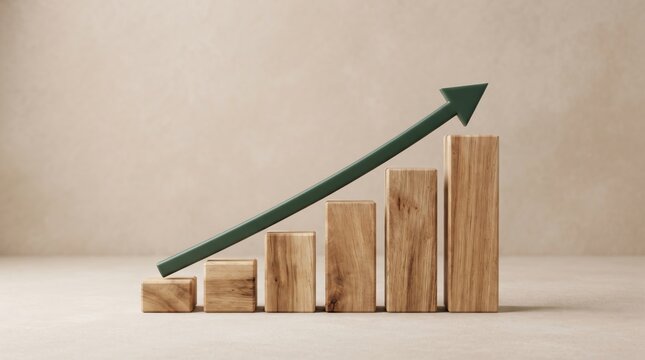 Wooden blocks graph with upward trending green arrow indicating growth
