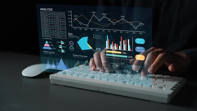 Futuristic Data Analysis Concept with Transparent Display and Keyboard in Dimly Lit Environment, Illustrating Modern Technology and Data Visualization Techniques. Entropy.