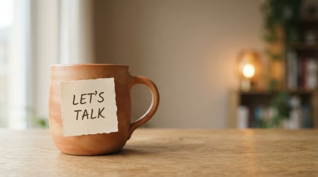Ceramic mug with a sticky note saying lets talk on a wooden table