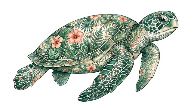 Sea turtle with floral and tropical leaf patterns on shell
