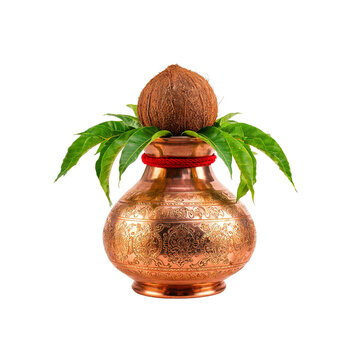 Traditional Copper Kalash with Coconut Mango Leaves and Red Sacred Thread Transparent PNG Cutout