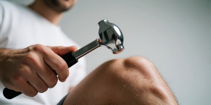 Neurologist checking male patient knee reflex with reflex hammer in medical clinic