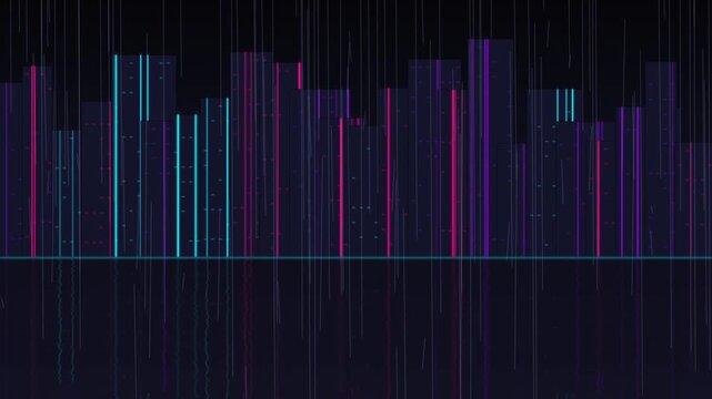 Futuristic Cyberpunk City with Neon Skyscrapers and Falling Rain Reflecting on Wet Ground