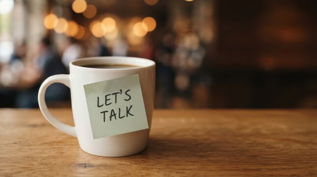 Coffee cup with lets talk note on wooden table