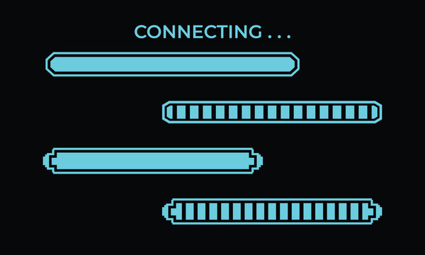 Cyan connecting progress bar vector set featuring segmented horizontal indicators and outlined loading elements for network interfaces, software dashboards, and digital technology.