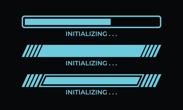 Cyan initializing progress bar vector set featuring solid outlines and diagonal striped indicators for system startup, software interfaces, futuristic dashboards, and digital technology.