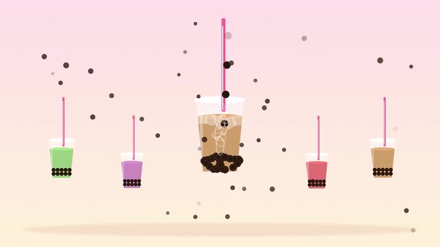 Cute boba tea drinks suspended in air with falling sprinkles during a soft pink sunset
