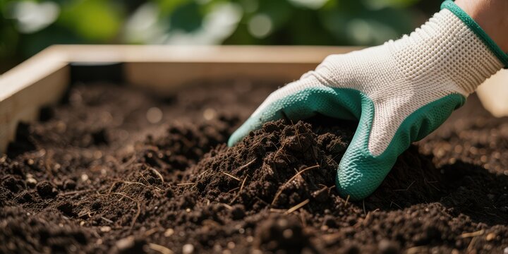 Gardener wearing protective gloves checking rich fertile soil in a wooden raised bed in spring representing agriculture and sustainable living