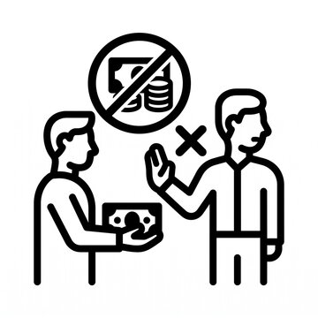 Black and white vector icon of a man refusing a bribe with a prohibition symbol and a person offering currency