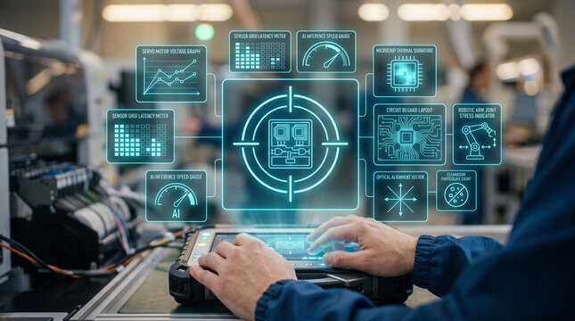 Close-up of a mechatronics technician's hands using a handheld diagnostic tablet with futuristic holographic data overlays in a microchip assembly factory